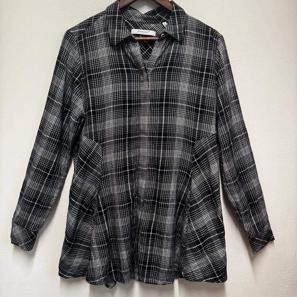Foxcroft NYC Women’s 10 Black White Plaid Tunic Blouse LongSleeve Cotton Preppy